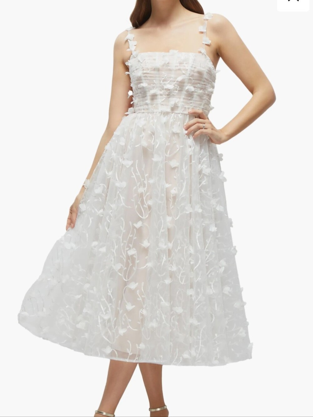 Dessy Collection 3D Embroidered White Dress with Nude Corset in Ivory Sz 14